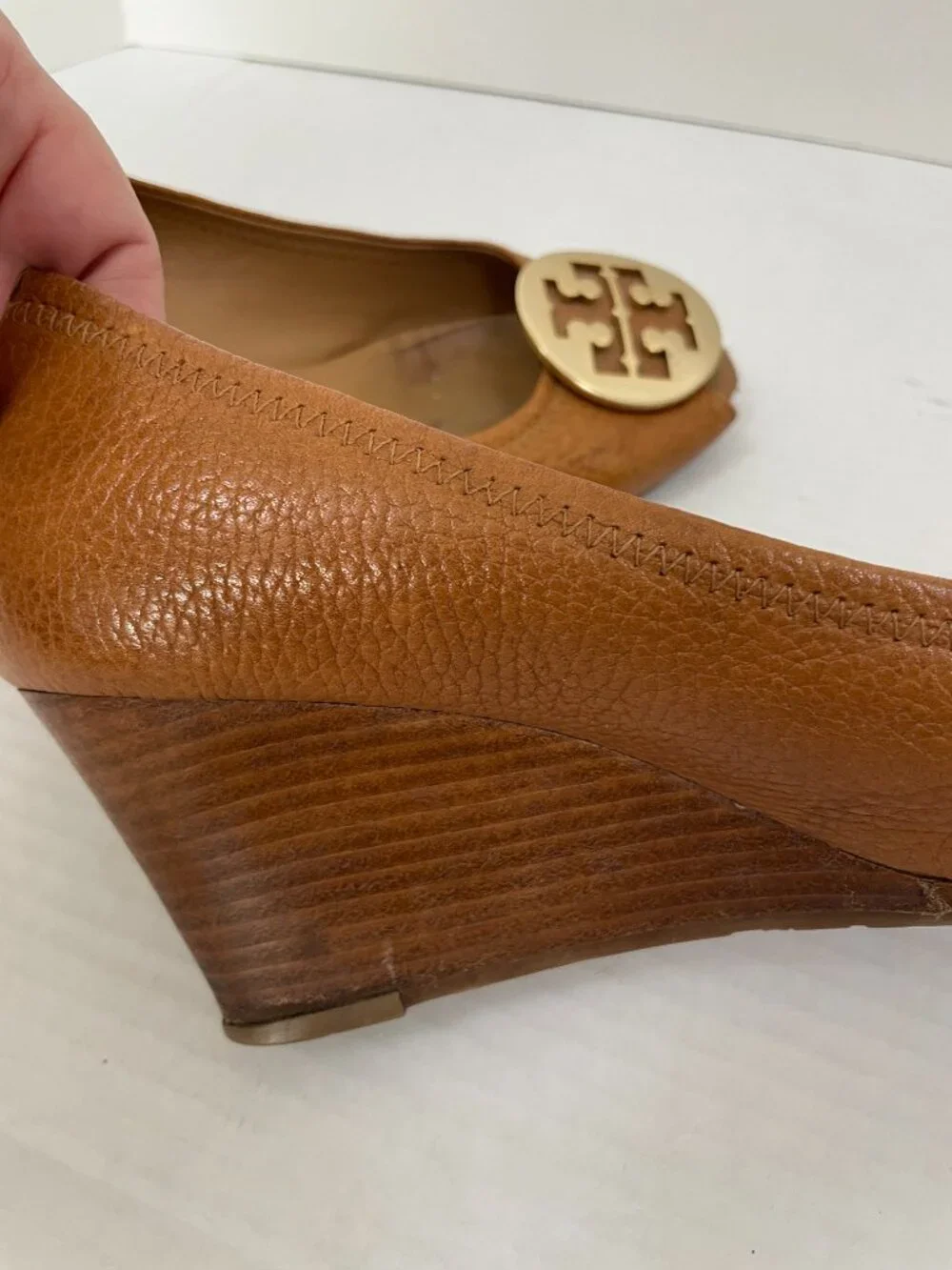 Tory Burch Sally Peep-Toe Wedge Pumps with Gold Logo Brown Leather Size: 9